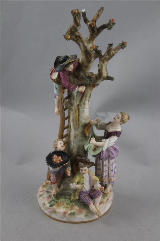 A Meissen group of apple pickers, late 19th century, 27cm, losses and restorations